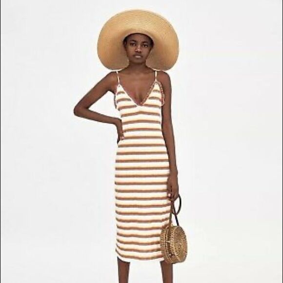 ✨ Zara Ribbed Strappy Mulicoloured V-Neck Long Midi Dress✨ - Picture 1 of 8